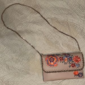 Top Shop floral beige and gold purse, Gold chain.